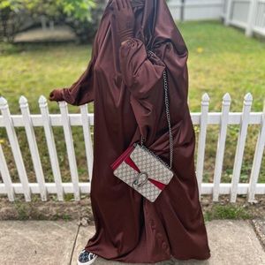 Brown Satin Jilbab with attached Niqab w/scrunch elastic sleeves in …